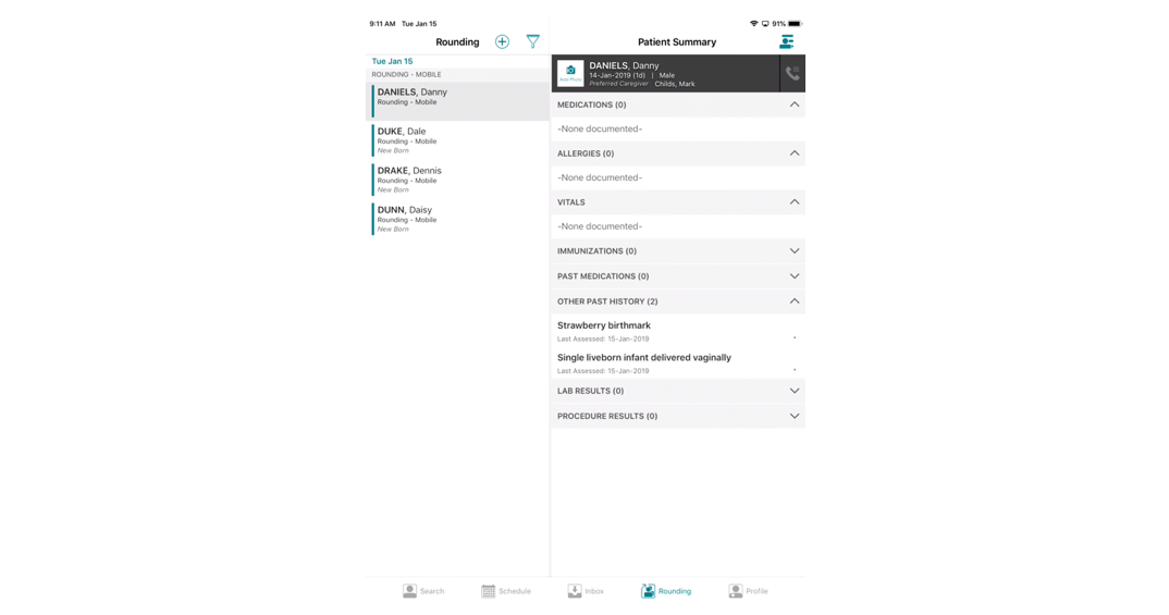 Screenshot of EHR app